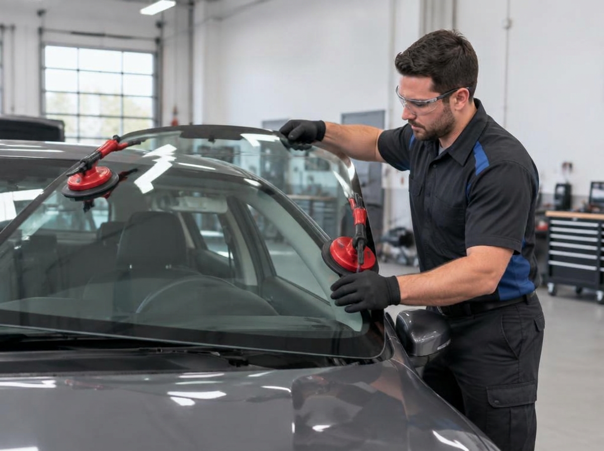 Technicien posant un pare-brise neuf